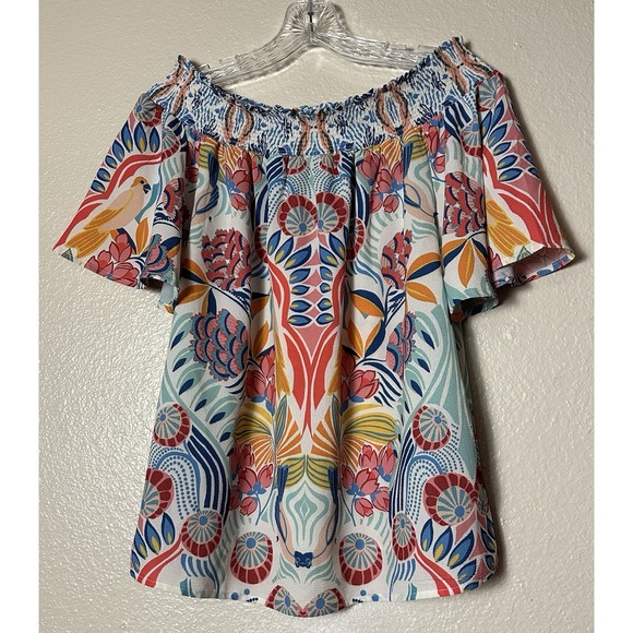 Flying Tomato Tops - Flying Tomato Size M Tropical Off The Shoulder Boho Floral Bird Shirt
